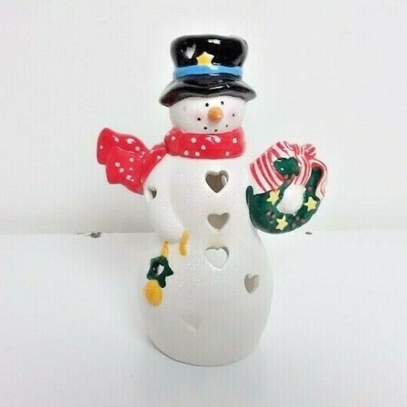 Hallmark Christmas Ceramic Tealight Candle Holder Snowman Holiday Wreath Hearts - Picture 1 of 7
